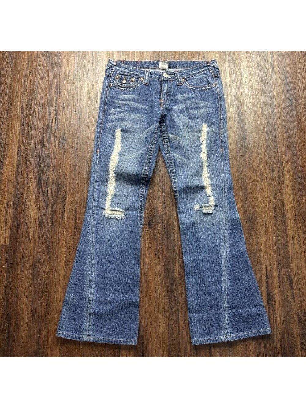 True Religion Flare Section 503 Jeans Distressed Medium Wash Embroidered Size 29